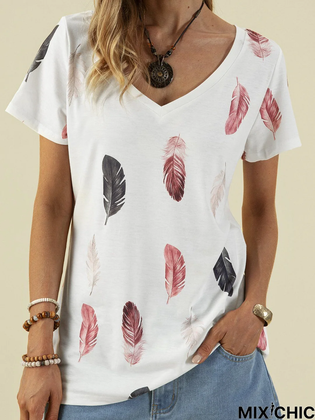 Printed Short Sleeve Cotton-Blend V Neck T-shirt