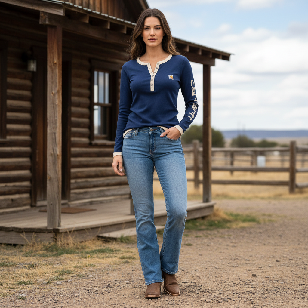 Women's Vintage Navy Blue And Beige Henley Collar Long-Sleeve T-Shirt