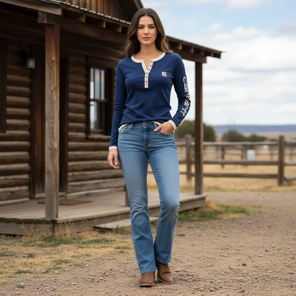 Women's Vintage Navy Blue And Beige Henley Collar Long-Sleeve T-Shirt