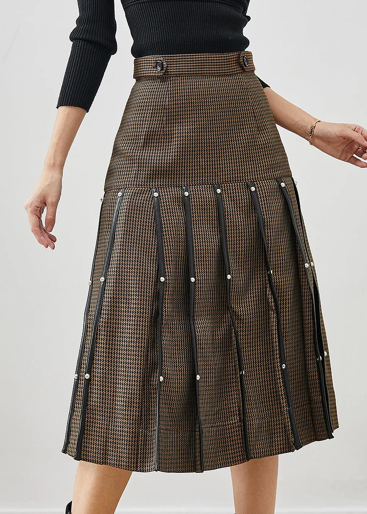 Beautiful Brown Rivet Silm Cotton Pleated Skirts Spring