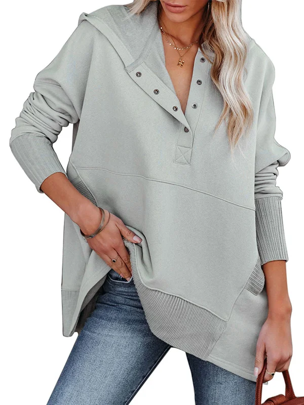 Split-Joint Hooded Buttoned Loose Long Sleeves V-Neck Hoodies Tops