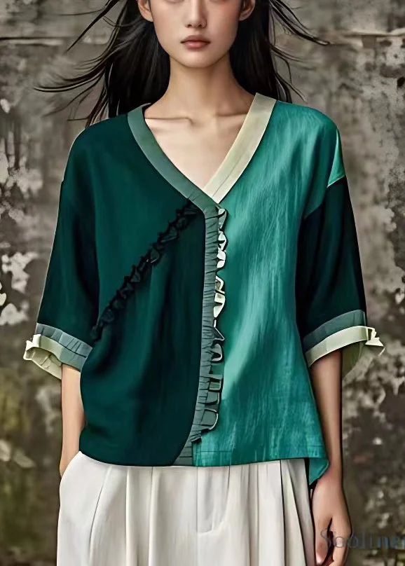 Pre sale - shipping in 30 days/Stylish Blackish Green Patchwork Cotton T Shirt Half Sleeve