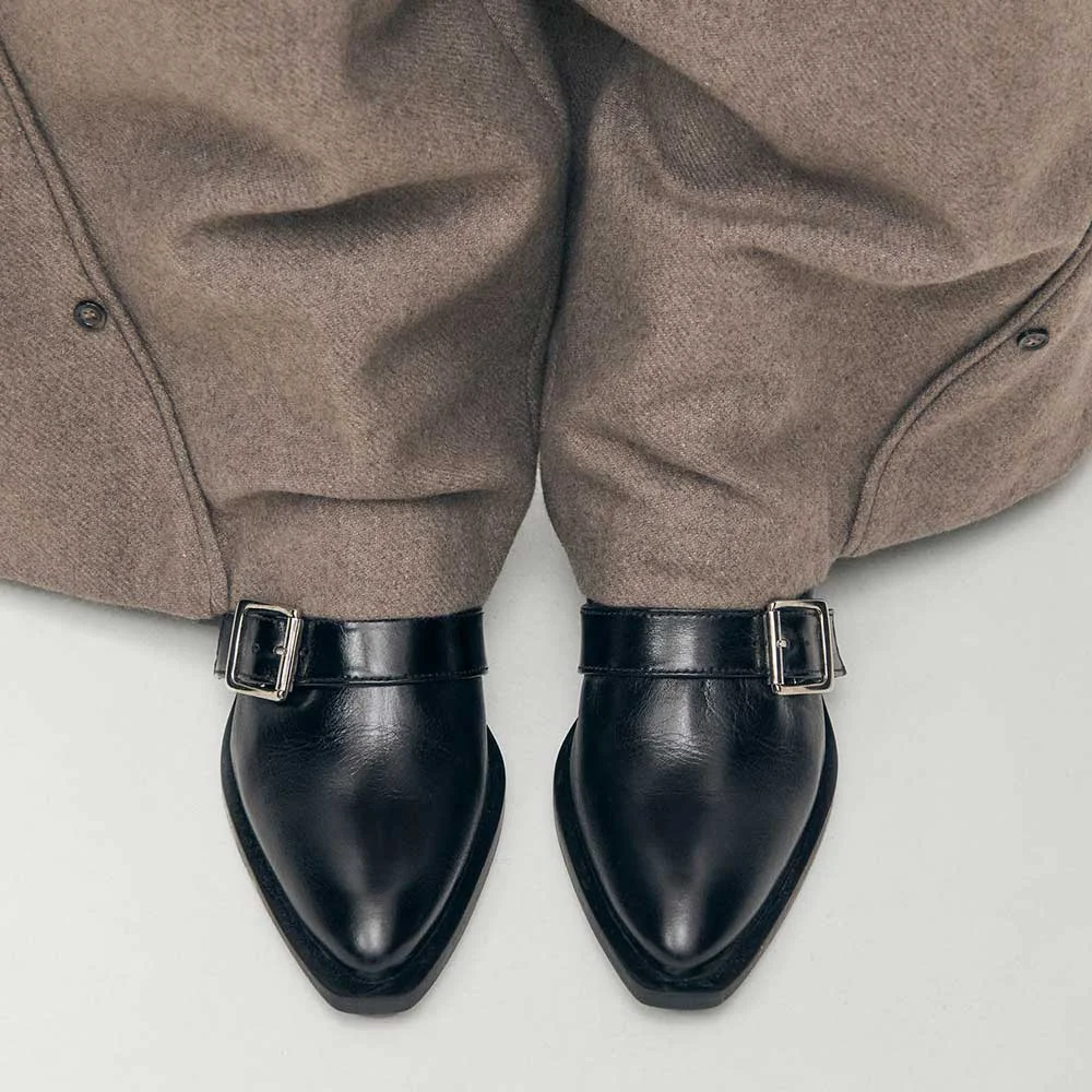 Women&lsquo;s Pointed Toe Slip On Black Heel Booties with Buckle Details