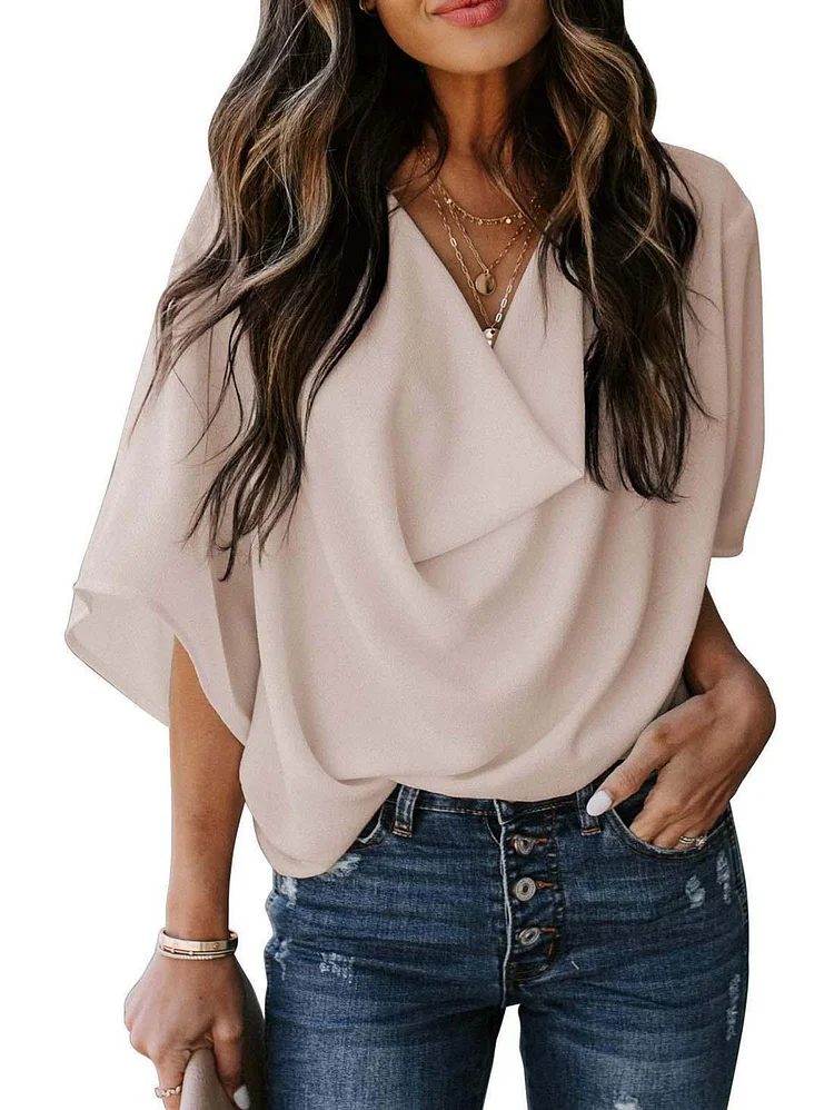 Solid Drape Neck Casual Chiffon Top