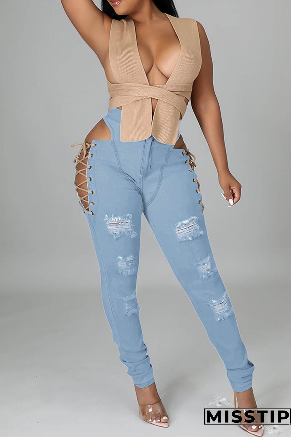 Light Blue Casual Solid Ripped Hollowed Out Frenulum Mid Waist Skinny Denim Jeans