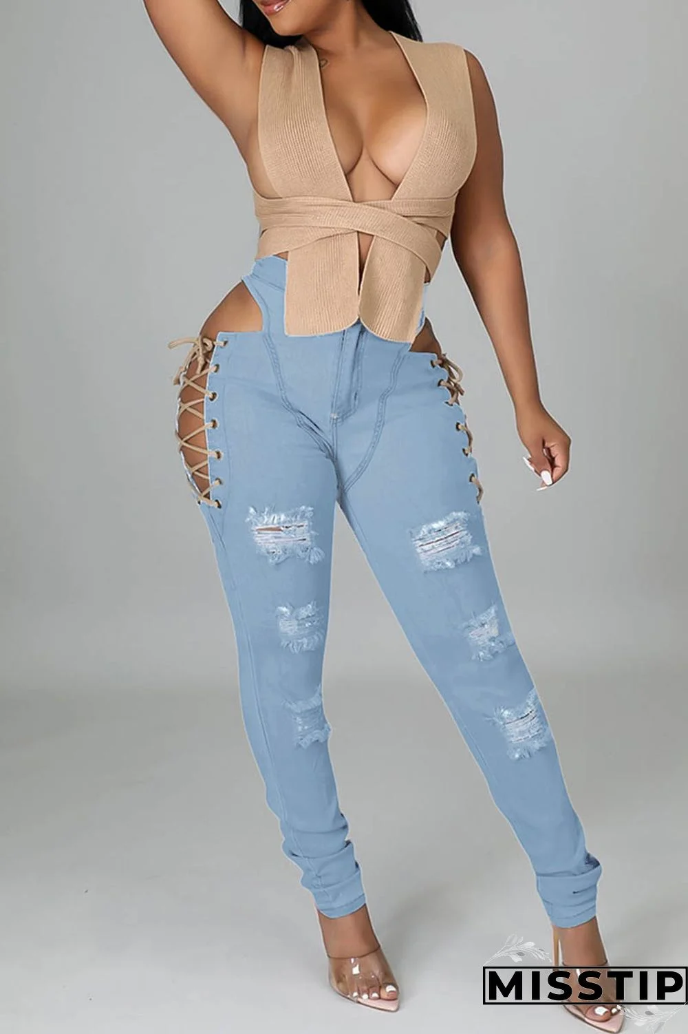 Light Blue Casual Solid Ripped Hollowed Out Frenulum Mid Waist Skinny Denim Jeans