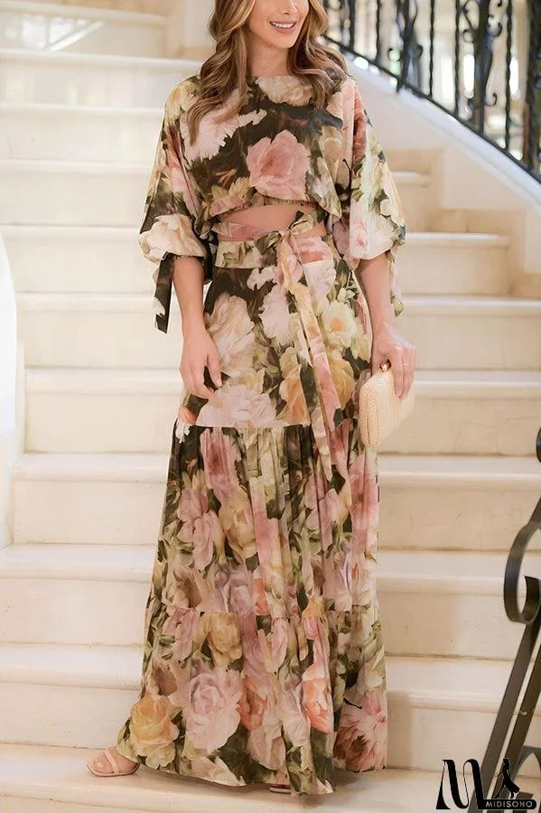 MidiSono - Garden Blooms Floral Puff Sleeve Tie Up Top and Tiered Maxi Skirt Set