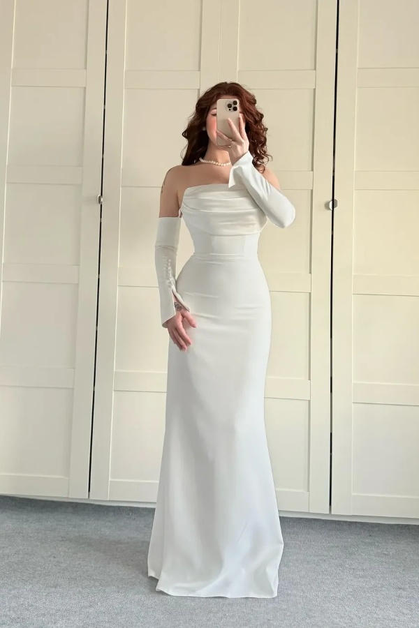 Ovlias Fashion White Straight Across Prom Dress Strapless Mermaid with Pleated JQ0024