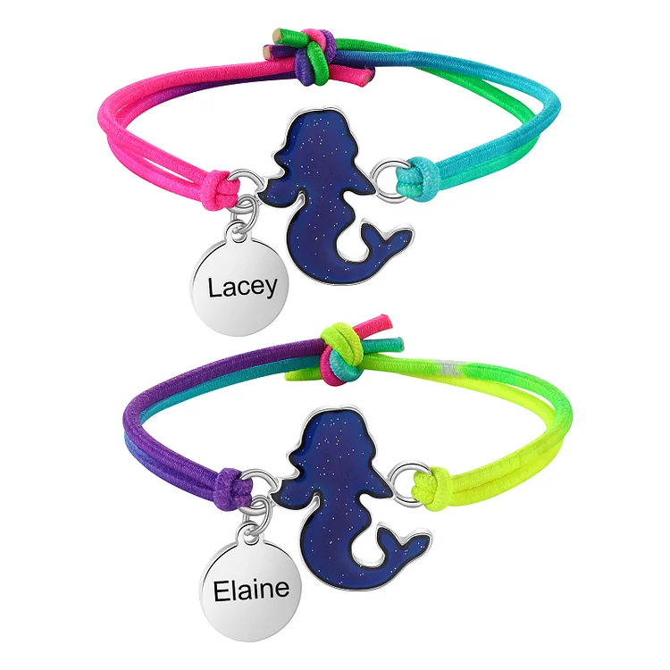 2 PCS Personalized Custom Name Mermaid  Elastic Rope Bracelet Back To School Season Children's Gift