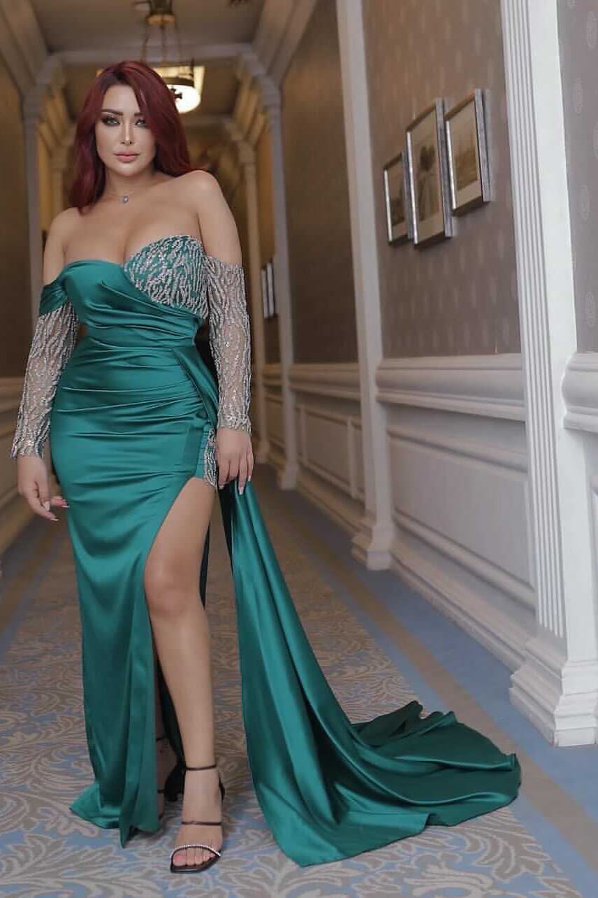 Bellasprom Emerald Green Long Sleeves Prom Dress Mermaid Slit Off The Shoulder 