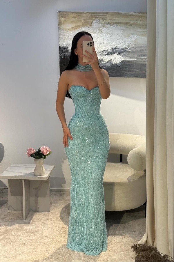 Ovlias Shining Mint Green Strapless Sweetheart Mermaid Prom Dress with Appliqued JQ0102