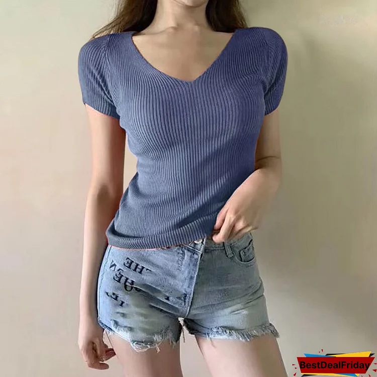 Sexy Women T Shirt Ribbed Knitted V-Neck Short Sleeve Ladies Solid Top Tee Fitness Korean Clothes T Shirt Women Camiseta Mujer