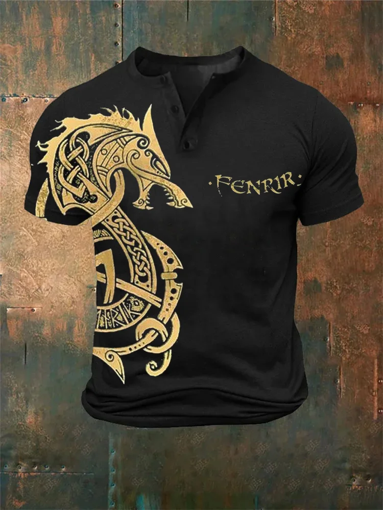 Broswear Men's Fenrir Celtic Wolf Graphic Henley Shirt