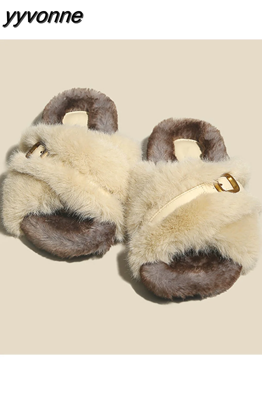 yyvonne Winter Women Cross Fluffy Slipper Casual Fashion Metal Buckle Artificial Plush Inside Soft Slides Shoe