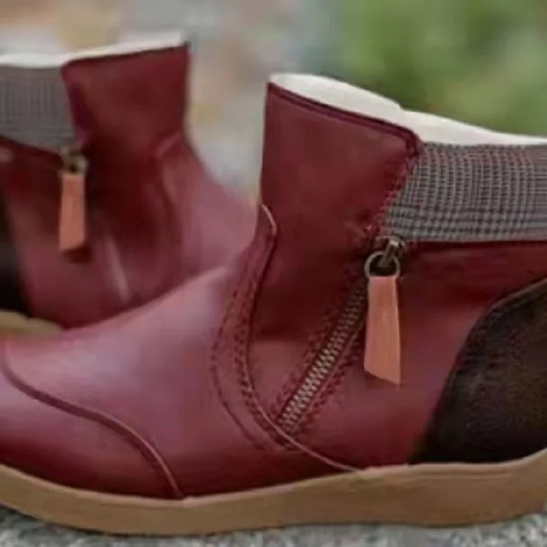 Yyvonne Short Boots Winter Fashion Leather Spliced Flat-Bottomed Zipper Martin Boots Large Women's Shoes