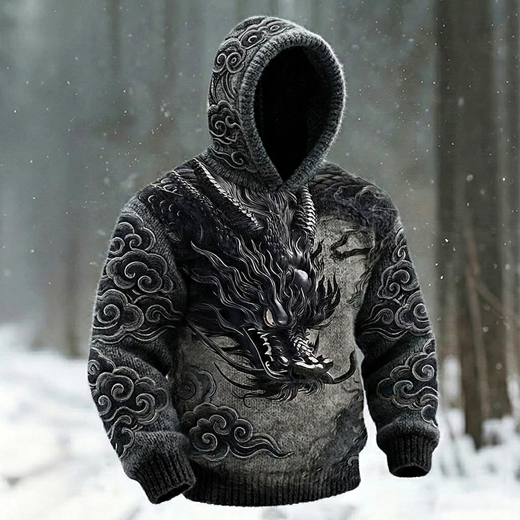 Retro Vintage Dragon Pattern Men's Cozy Hooded Sweater
