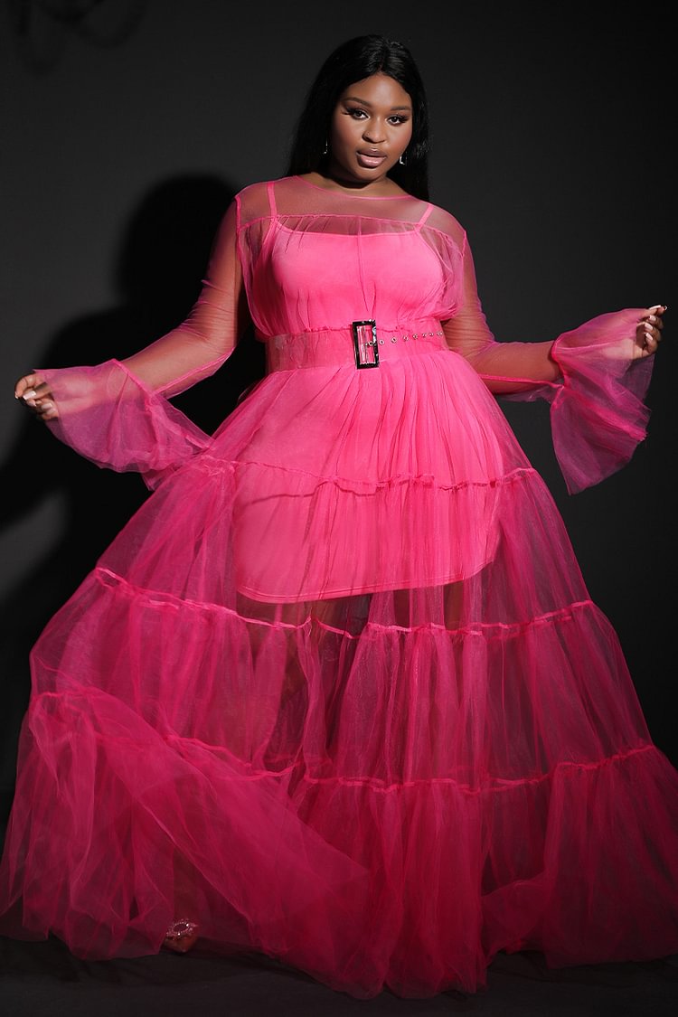 Xpluswear Design Plus Size Formal Barbie Pink Sheer Ruffle Sleeve Maxi Dresses