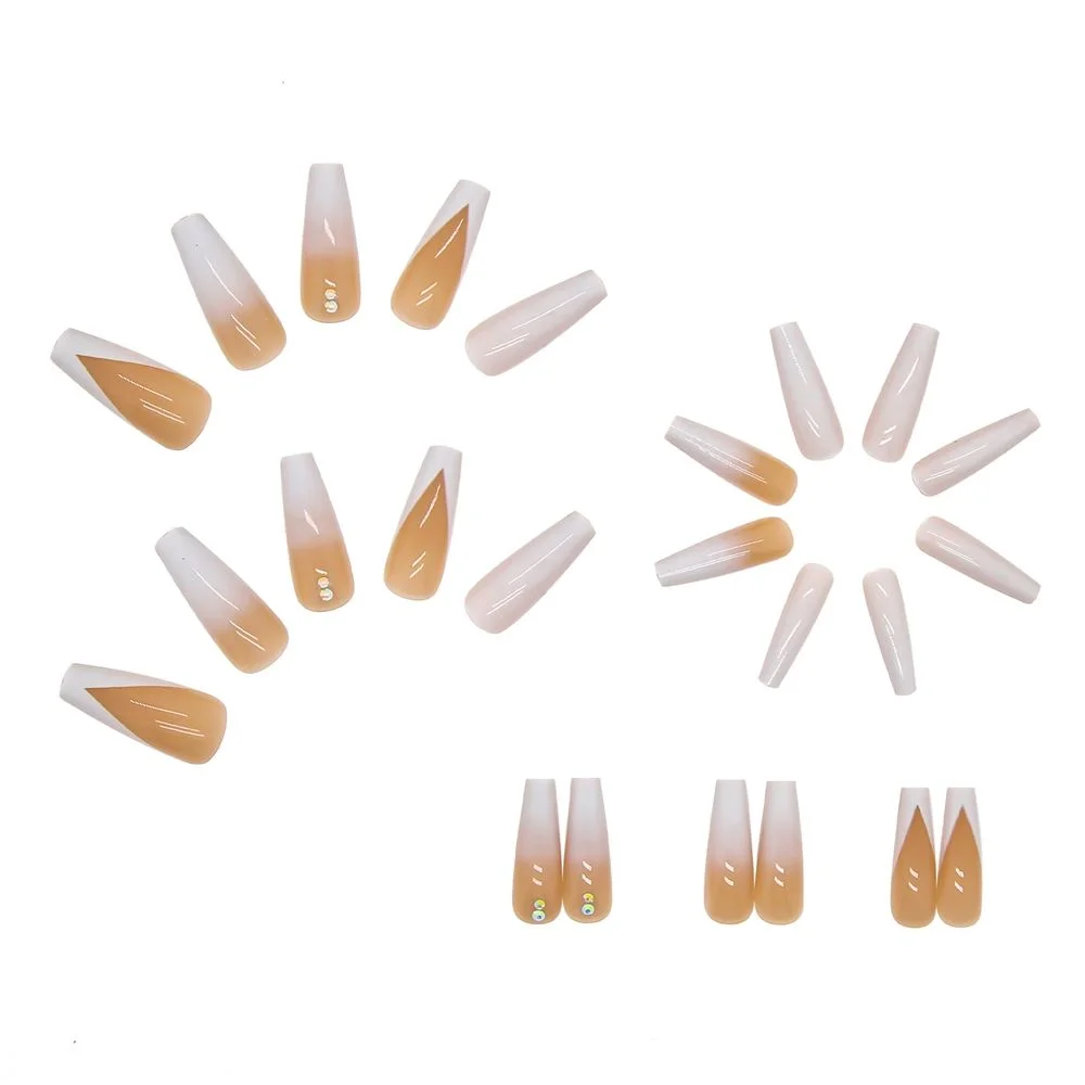 24pc Press On Nails French False Nails Detachable White Gradient Rhinestone Long Coffin Fake Nails with Glue Faux Ballerina Nail-Nail Inspo