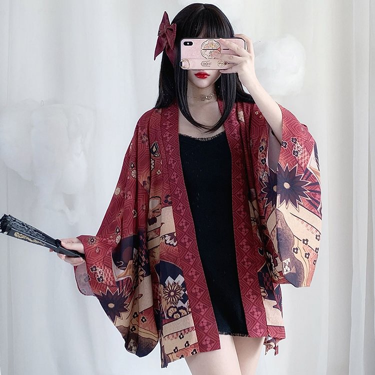Vintage Anime Print Cardigan Kimono Outerwear - Modakawa modakawa