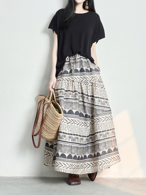 Ethnic Style Printed Tiered Design Maxi Skirt