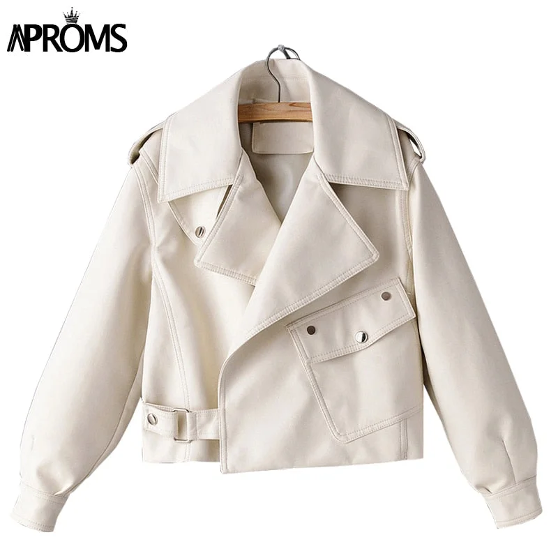 Aproms Winter Pu Leather Loose Women's Jacket Elegant Turn-down Collar Red Motorcycle Coat Streetwear Fashion Black Outwear 2021