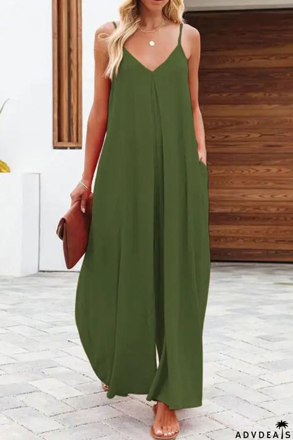 Solid Color Side Pocket Casual Wide-leg Suspender Jumpsuit