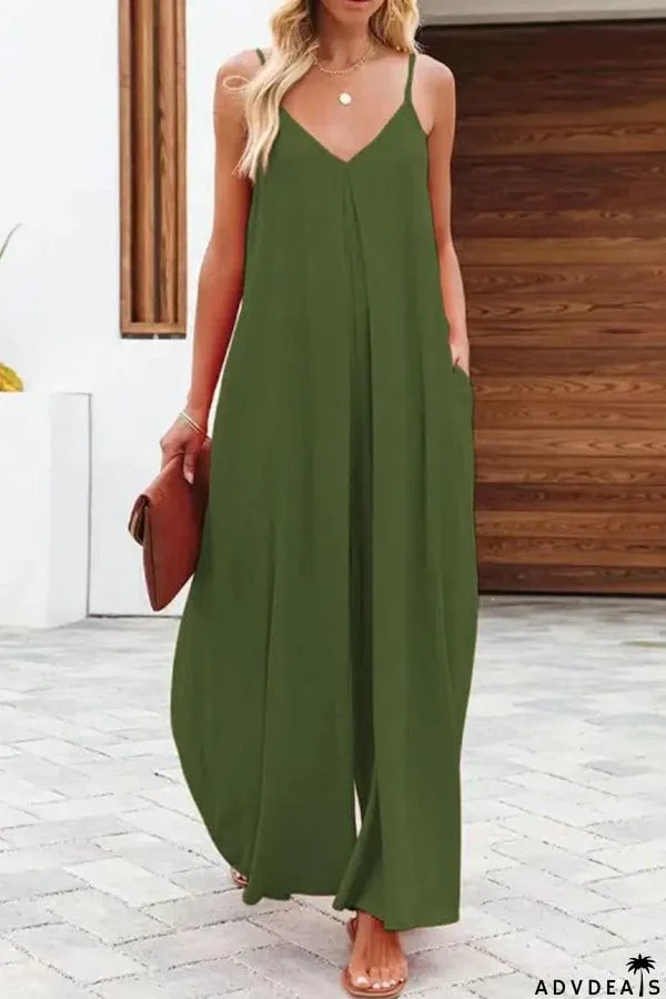 Solid Color Side Pocket Casual Wide-leg Suspender Jumpsuit