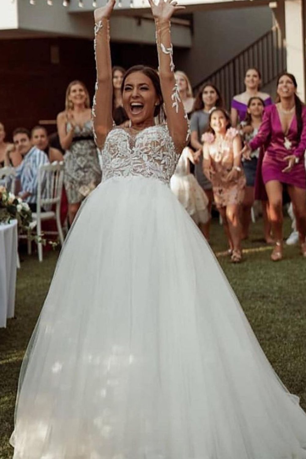 Modern Long Sleeves Sheer A-line Wedding Dress With Tulle Lace | Ballbellas Ballbellas