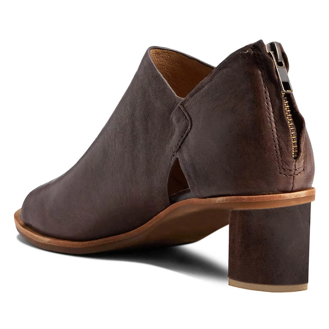 Brown Vegan Suede Cut-Out Block Heel Peep Toe Boots with Back Zipper