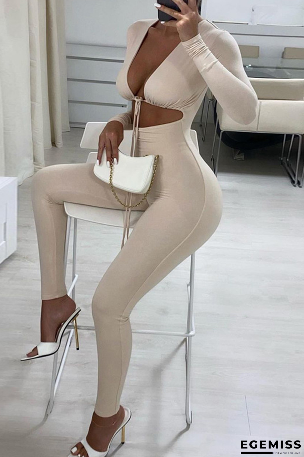 Apricot Sexy Solid Hollowed Out V Neck Skinny Jumpsuits | EGEMISS