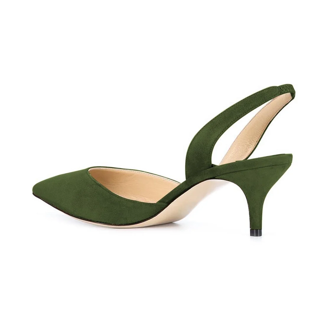 Faux Suede Pointed Slingback Military Green Pumps for Women