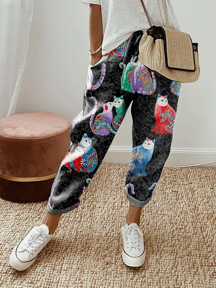 Ladies Cat Print Casual Pants