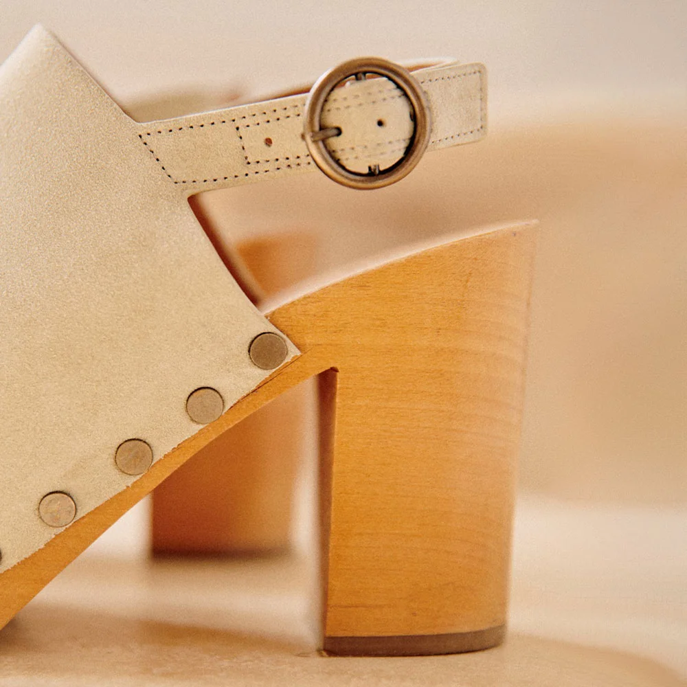 Vegan Suede Peep Toe Studded Platform Slingback Heeled Clogs in Beige
