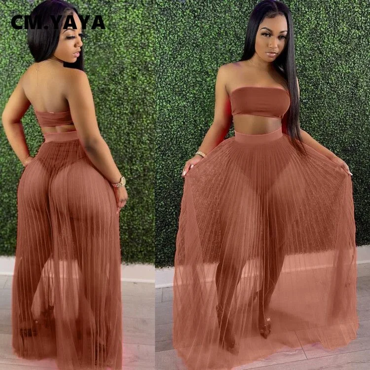 CM.YAYA Women Mesh See Though Two Piece Set Sexy Beach Strapless Tops and Pleated Maxi Skirts Matching Set Summer Outfits