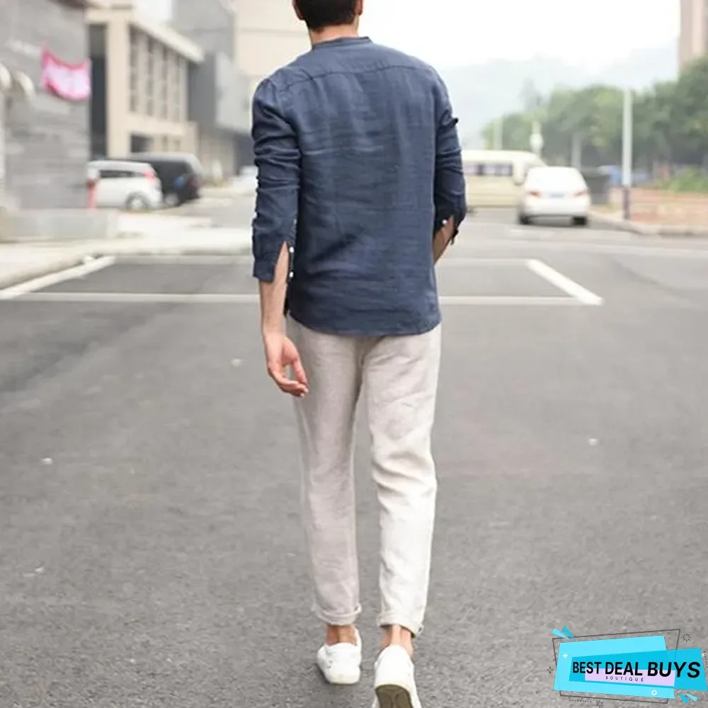 Men's Autumn Pullover Long Sleeve Fashion Stand Collar Shirt Linen