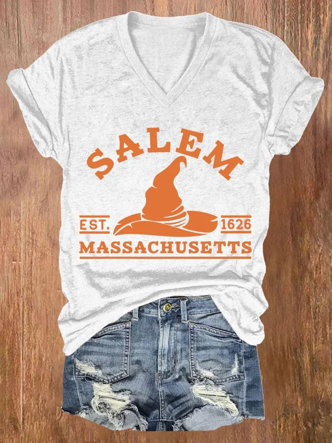 Women's Salem Massachusetts Print Casual V Neck T-shirt