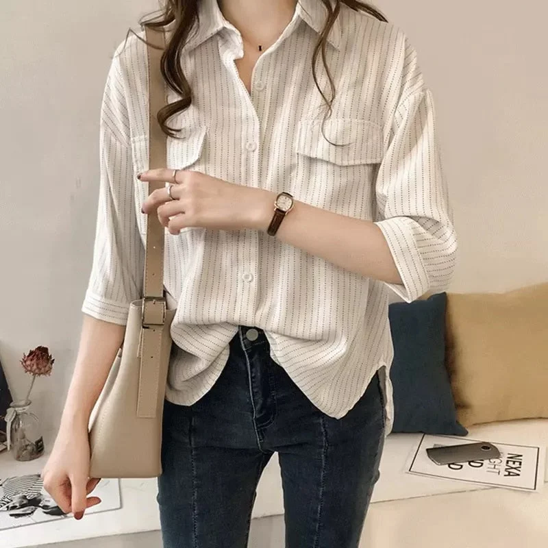 Tunic Shirt Women Half Sleeve Blouse Lapel Tops Striped Casual Blouses 2020 Autumn Female Blusas #56