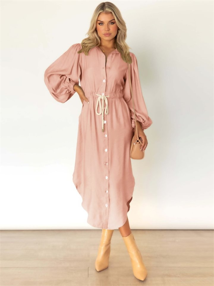 Long Sleeve Temperament Medium Long Tie Waist Shirt Dress -vasmok