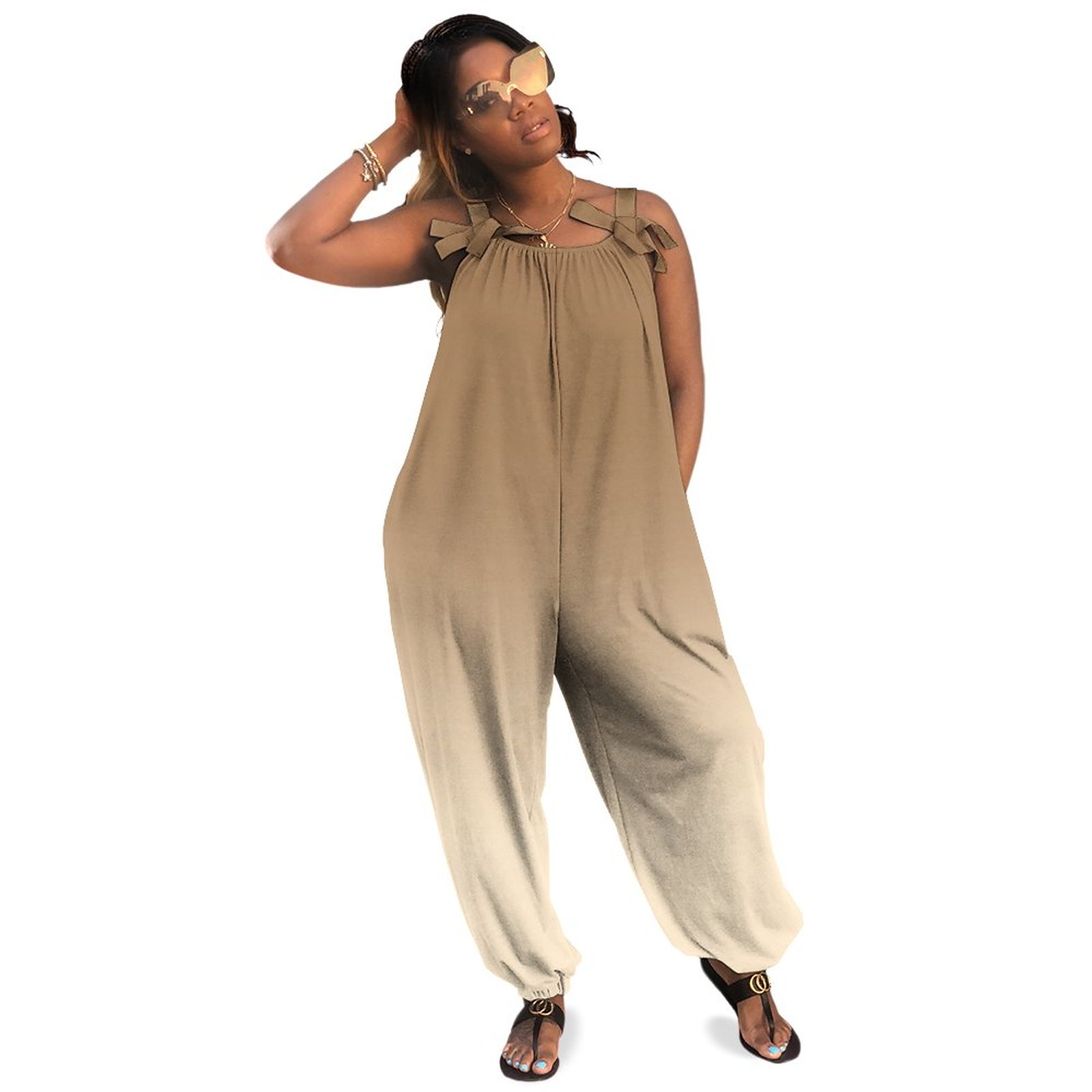 Modern Almond And Light Brown Ombre Plus Size Wide Leg Jumpsuit Women Summer Casual Boho Style Harem Jumper Romper Pockets Polyester Spandex