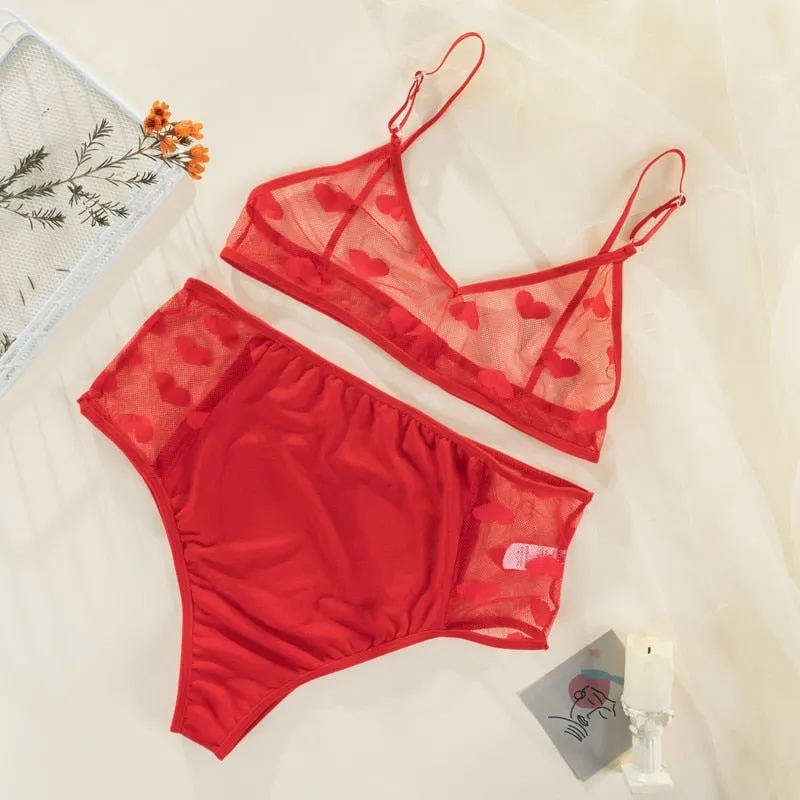 New Sexy Lingerie Underwear Polka Dot Mesh Frill Trim Lace Lingerie Set Black and Red Top Lace Invisible Bra Set Bras for Women