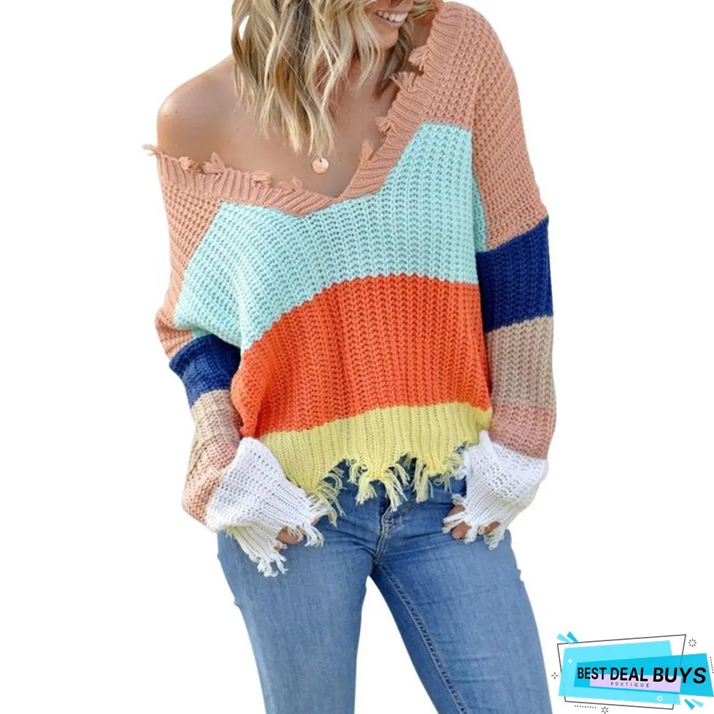 Lazy V-Neck Striped Patchwork Raggedy Knit Sweater
