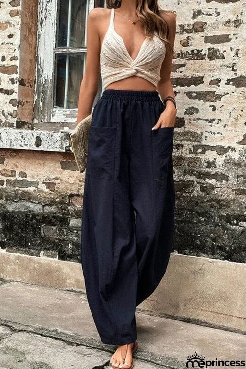 Resort Casual Elastic Waist Loose Trousers