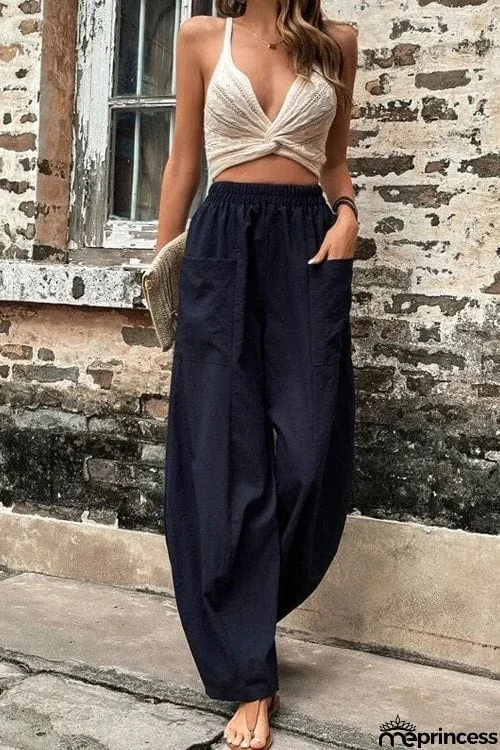 Resort Casual Elastic Waist Loose Trousers