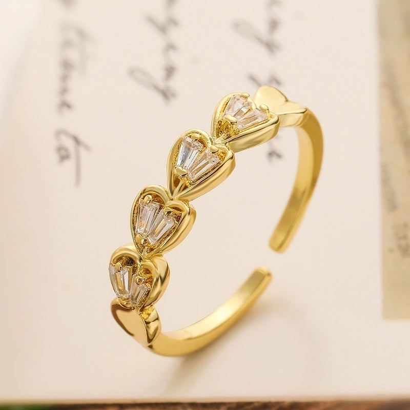 Copper 18K Gold Plated Sweet Minimalist Inlay Heart Shape Zircon Open Rings