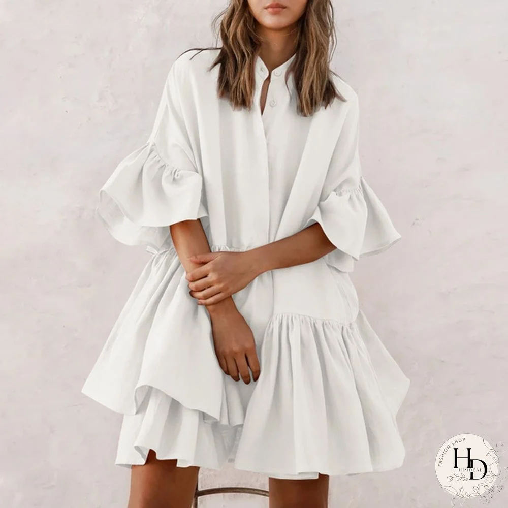 Women Cotton Linen Mini Dress Short Sleeve Ruffle Hem Party Casual Elegant A Line Dress Plus Size Vestidos