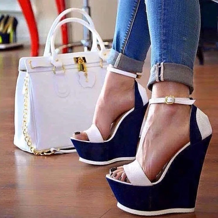 White and Navy Wedge Sandals Ankle Strap Open Toe Platform Shoes |FSJ Shoes