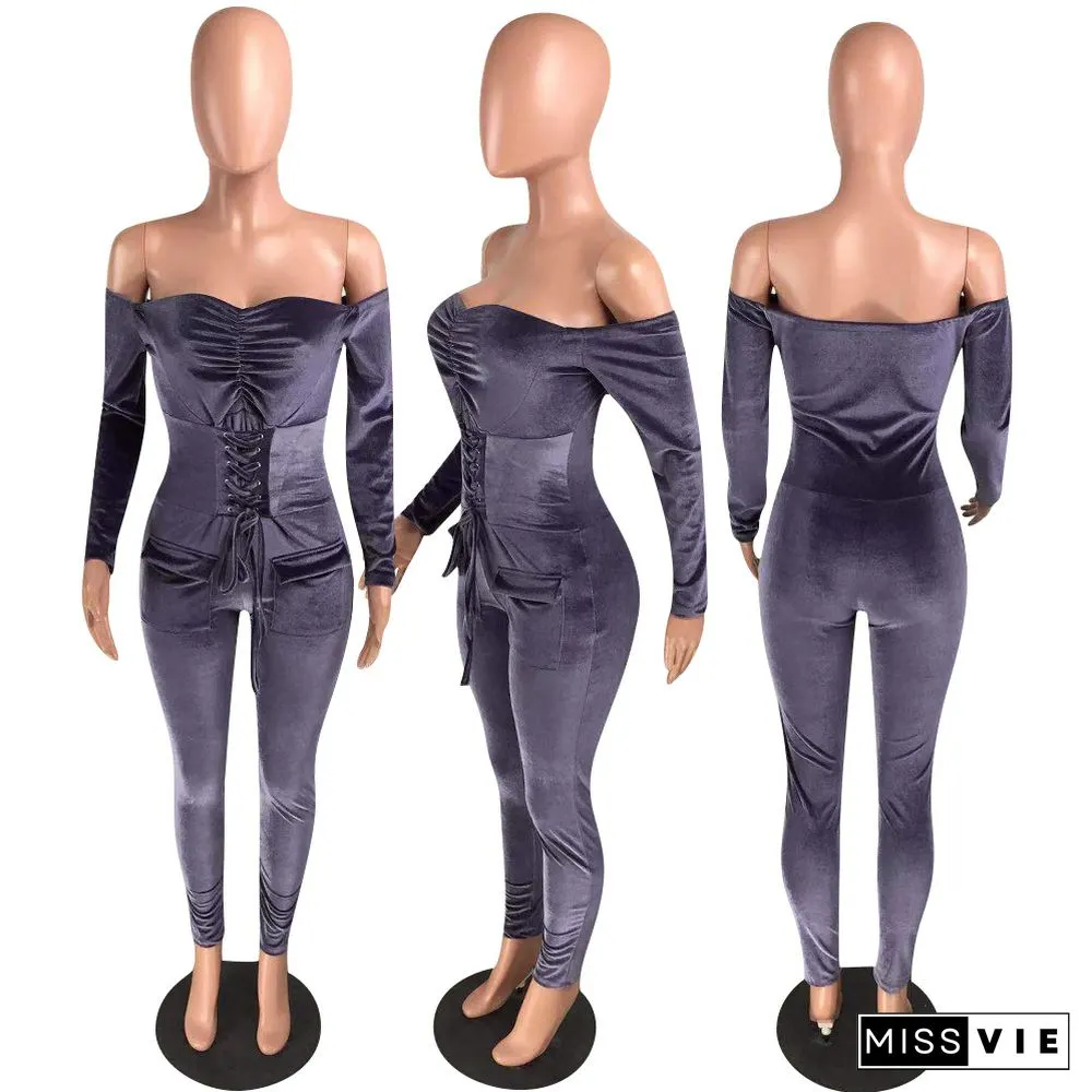 Eyelet Bandage Off Shoulder Skinny Women Jumpsuits