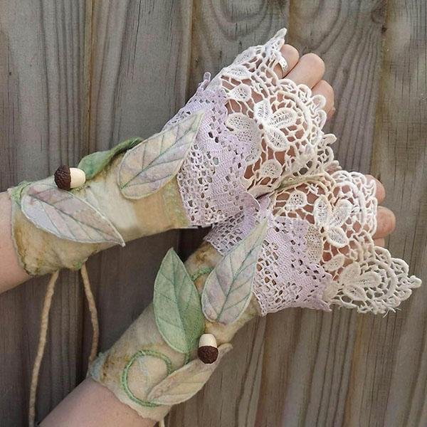 Retro Elegant Floral Leaf Appliqued Lace Gradient Fingerless Gloves - Chicaggo