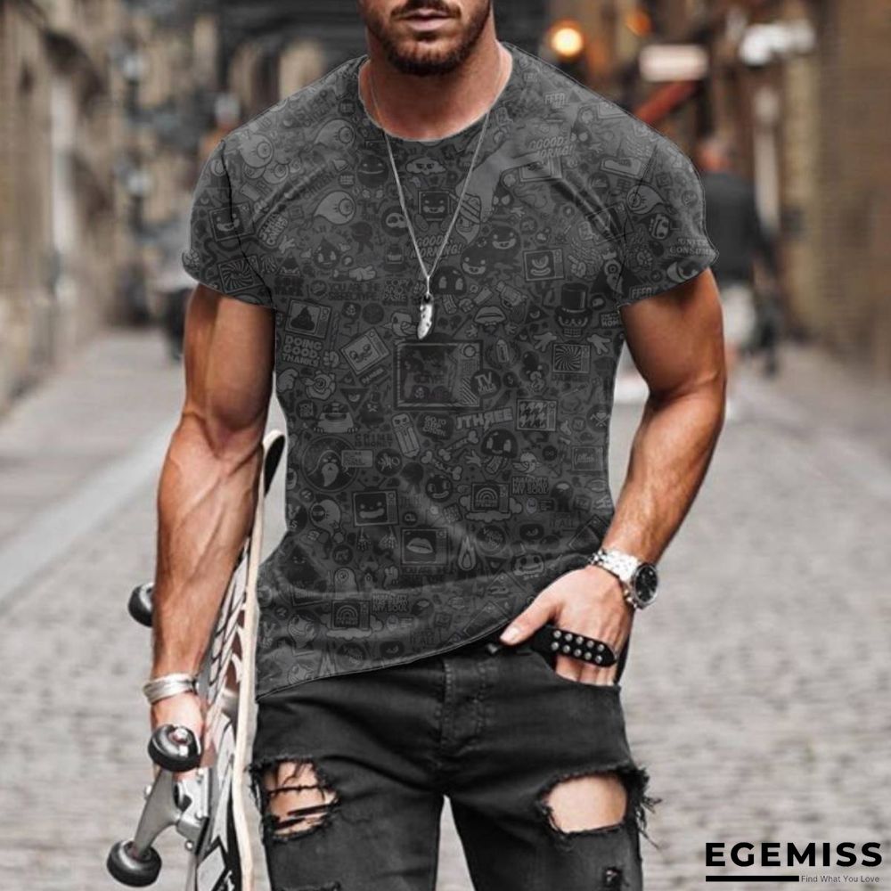 3D Digital Printed Gray Graffiti Art Men's Casual T-shirt | EGEMISS