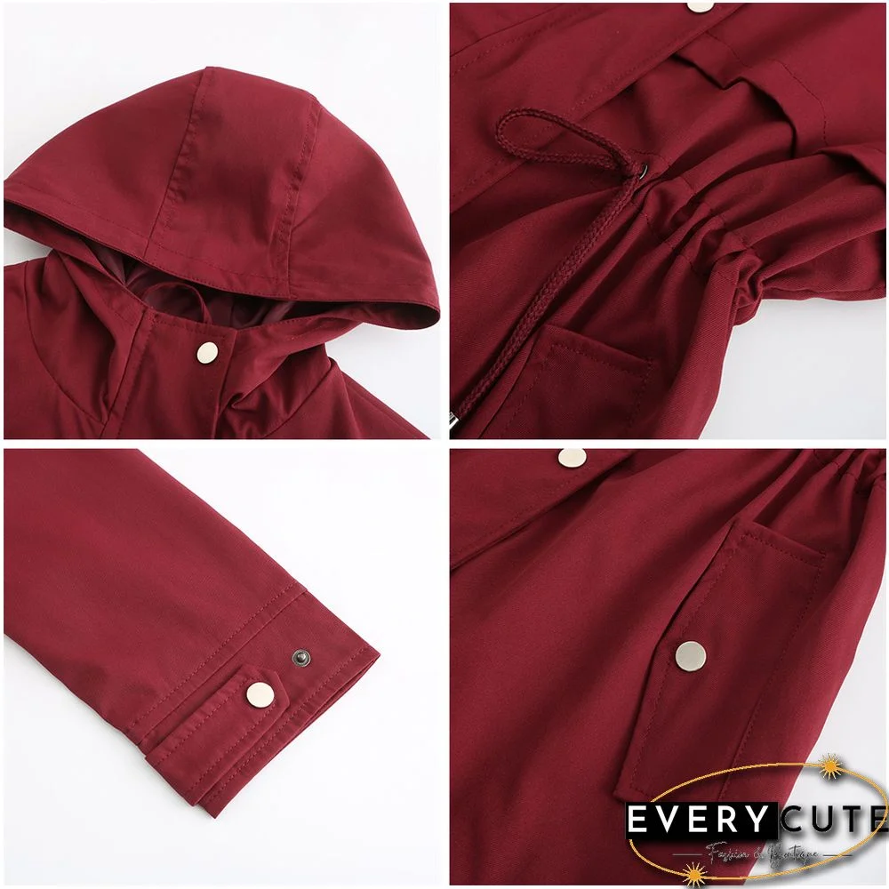 Wine Red Waist Drawstring Hooded Outdoor Rainproof Coat